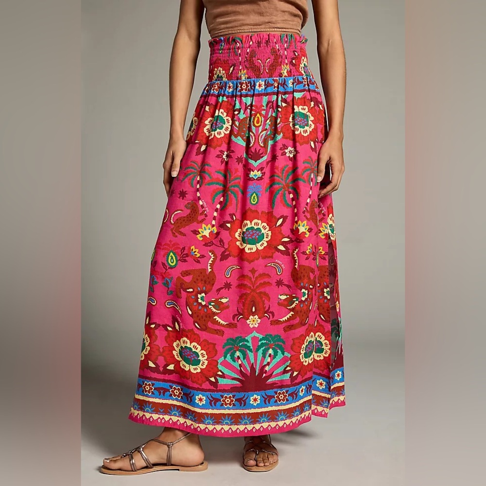 Farm Rio X Anthropologie Vibrant Pink Floral Smocked Maxi Skirt